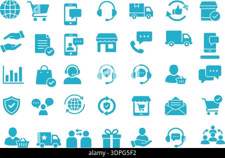 B2C Ecommerce and Customer Service Flat Icons Editable Vector Set, Online Shopping, Delivery, Mobile App and Support Symbols Stock Vector