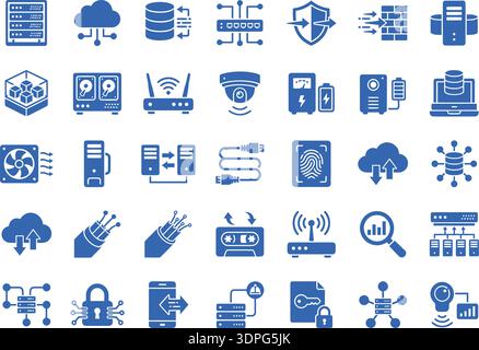 Network Security and Server Infrastructure Flat Icons Editable Vector Set, Cloud Computing, Firewall, Database and Cybersecurity Symbols Stock Vector