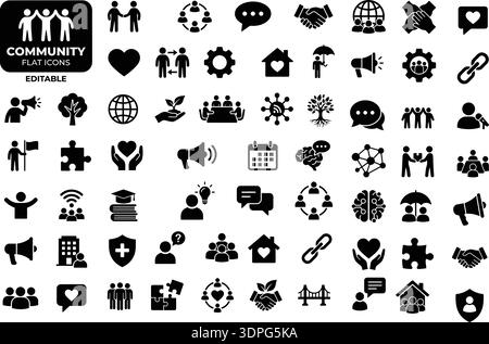 Community Flat Icons Editable Vector Set, Teamwork, Social Network, Charity, Support and Communication Symbols Stock Vector