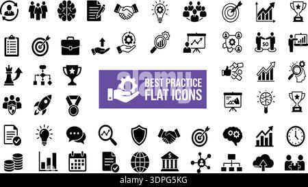 Best Practice Business Flat Icons Editable Vector Set, Leadership, Strategy, Growth, Target and Corporate Management Symbols Stock Vector