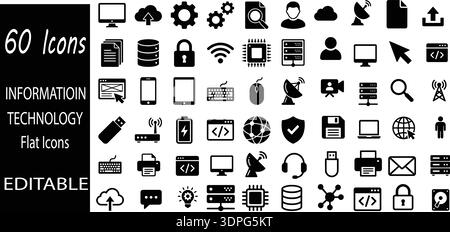 Information Technology Flat Icons Set Editable Vector Collection, Cloud Computing, Server, Database, Coding and Network Symbols Stock Vector
