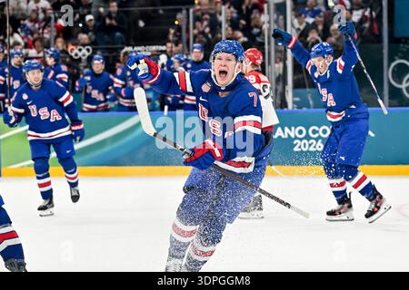 United States' Brady Tkachuk (7) is on the floor during a men's ice ...