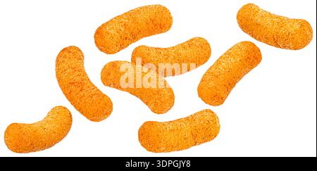 Crispy corn sticks, crunchy texture with salted coating isolated on white background, full depth of field Stock Photo