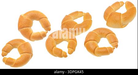 Croissant style bread rolls isolated on white background with clipping path, full depth of field Stock Photo