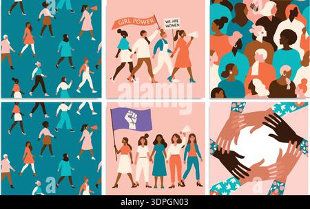 Diverse women protesting and standing together in a minimalist flat vector illustration with teal accents Stock Vector
