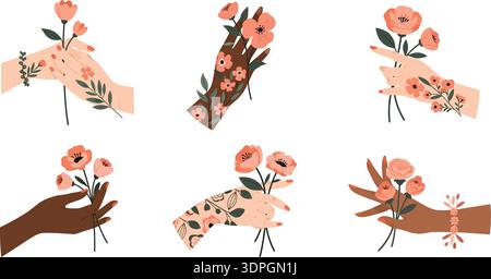 Minimalist flat vector illustration of diverse hands holding pink flowers with floral tattoos on white Stock Vector