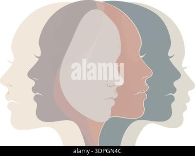 Layered human head silhouettes overlapping in a symmetrical arrangement with muted pastel colors on white Stock Vector