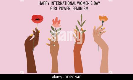 Diverse female hands holding flowers with yellow nail polish on a pink background vector Stock Vector