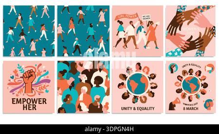 A collection of eight diverse women empowerment flat vector illustrations with teal and peach color palette Stock Vector