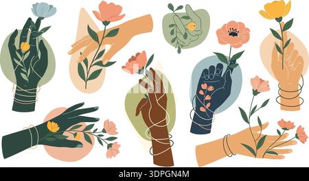 Diverse illustrated hands holding blooming flowers in a minimalist flat vector style with organic shapes Stock Vector
