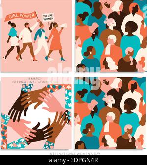 Diverse women marching for empowerment in a flat vector illustration with teal and coral accents Stock Vector