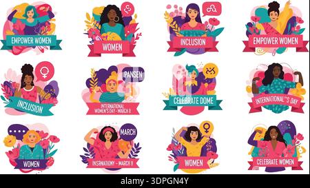 A collection of flat vector illustrations featuring diverse women with floral elements and colorful ribbon banners Stock Vector