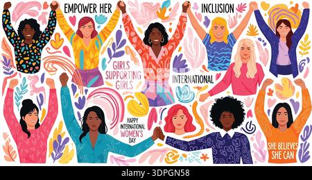 Diverse group of women raising hands in celebration with empowering text in flat vector style Stock Vector