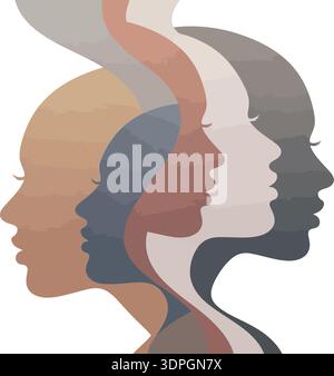 Overlapping female profile silhouettes showing diversity with horizontal watercolor texture on a white background Stock Vector