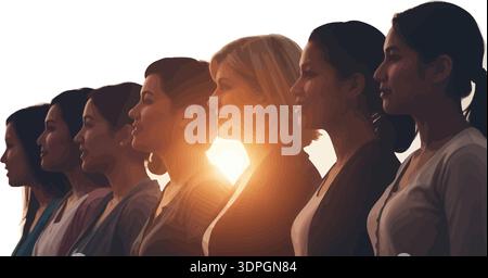 Diverse group of women standing in profile looking forward with warm sunset glow behind silhouettes Stock Vector