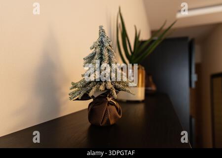 Mini Snowy Pine Tree Decoration Shelf Stock Photo
