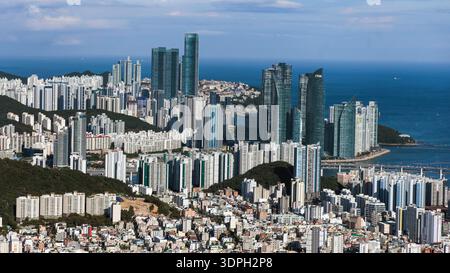 Busan city panorama beautiful skyline view from Hwangnyeongsan mountain observatory, Busan port, Gwangan bridge and harbor bay, South Korea, Yeongnam Stock Photo
