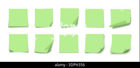 Green Sticky Notes Empty Template Pack with Folded Corners and Adhesive Tape. Minimal Clean Paper Memo Cards for Productivity Organization. Creative Office Blank Note Sticker Set. Vector Illustration Stock Vector