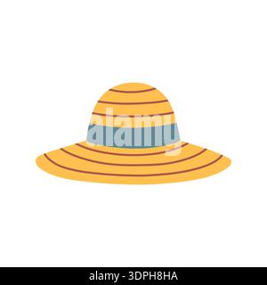 Cute vector yellow straw hat isolated on white background. Flat cartoon illustration, perfect for summer, gardening, farming, seasonal designs Stock Vector
