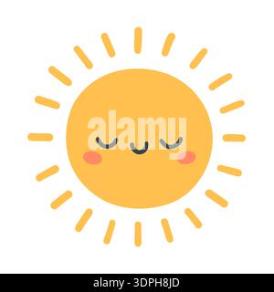 Cute smiling sun vector illustration with closed eyes and soft rays, isolated on white background. Flat pastel design perfect for spring, summer Stock Vector