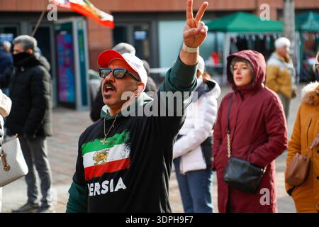 Glasgow, UK. 14th Feb, 2026. Hundreds of protesters gathered on Buchanan Steps in the heart of Glasgow on the 14th of February, 2026, to show support for those killed in recent protests in Iran. Participants called for the removal of Iran's current Supreme Leader, Ayatollah Ali Hosseini Khamenei and for the establishment of a democratic system of government. Protesters carried Iranian flags and banners to raise awareness of the ongoing unrest and human rights concerns in the country. (Photo by Jacob Hughes/Sipa USA) Credit: Sipa USA/Ģ����ý Live News Stock Photo