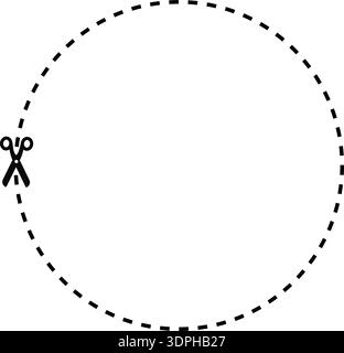 A dashed line in a circular path with a scissors icon indicating where to cut. Stock Vector