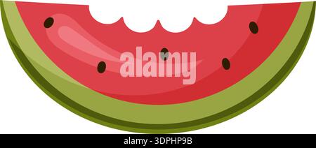 Watermelon slice with bite, smiling rind glossy red flesh dotted with black seeds, cartoon Stock Vector