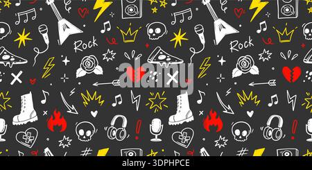 Rock music seamless pattern with guitar, skull, punk symbols. Hand drawn doodle scribbles stickers with stars, roses and love heart for rock music background, tattoo design. Vector illustration Stock Vector