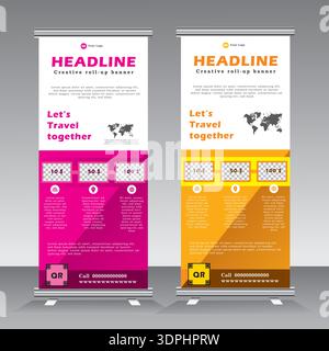 roll up banner for travel agency, three element feature roll up banner, vertical banner template with image spaces, pull up, Stock Vector