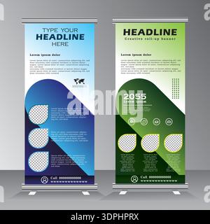 roll up banner for travel agency, three element feature roll up banner, vertical banner template with image spaces, pull up template Stock Vector