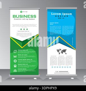Roll up banner stand design with abstract geometricshape, colorful. green and blue colour standee design, vertical banner, Stock Vector