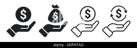 Minimalist Hand holding dollar coin symbol set flat and line style vector stock illustration Stock Vector