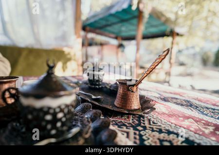 Traditional Turkish Coffee Setup on a Table Stock Photo