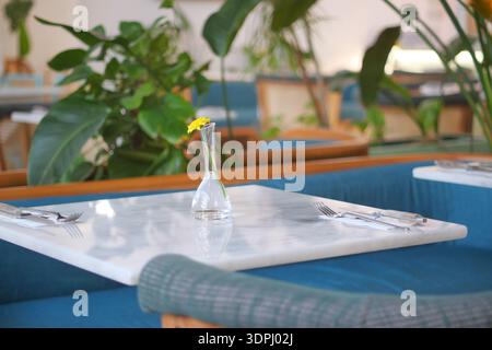 Table set with flower in restaurant during daytime Stock Photo