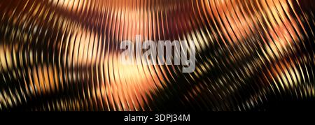bstract metallic gold wave background with glossy flowing lines, luxurious bronze copper texture with reflective curved stripes, dynamic shimmering su Stock Photo