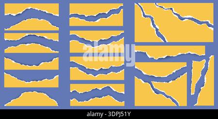 Ripped yellow paper with torn edges. Pieces of teared sheet for frame, header and template design. Textured cutout shapes for banner and collage Stock Vector