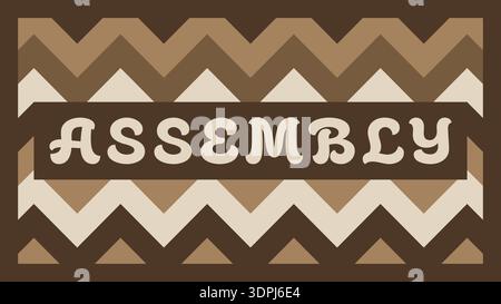 Zigzag stripe banner with assembly text in bold lettering over a repeating chevron pattern Stock Vector