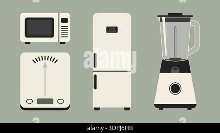 A minimalist illustration of essential home appliances including a microwave oven, analog kitchen scale, refrigerator, and blender Stock Vector