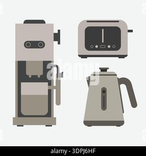A flat style illustration set featuring coffee related kitchen appliances including an espresso machine, toaster, and electric kettle Stock Vector
