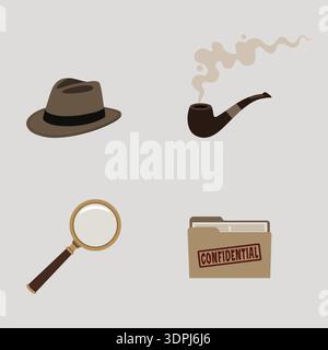 A themed illustration set featuring classic detective elements such as a fedora hat, smoking pipe, magnifying glass, and confidential file folder Stock Vector