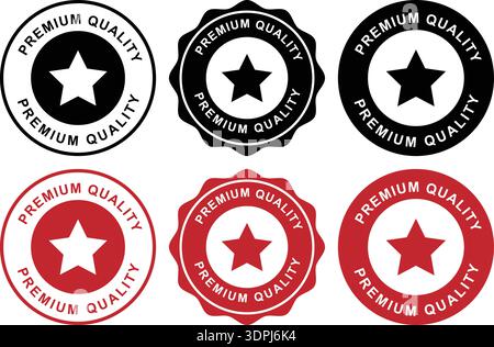 Premium Quality Star Badge Label Set – Black and Red Certification Seal, Guarantee Stamp, Verified Product Emblem Collection Stock Vector