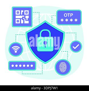 Lock Icon on Shield Symbol with OTP Password Pin Code, QR Code and Biometrics Fingerprint Scan for Cyber Security Technology Concept Illustration Stock Vector