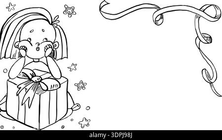 A rectangular frame with a dreamy girl over a gift box. Vector illustration for birthday invitations, children's book designs, and nursery decor. Stock Vector
