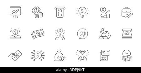 Financial line icons set. Business, banking, investment and money outline vector collection. Finance, commerce concept Stock Vector