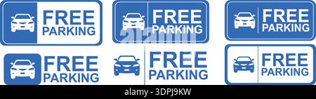 Parking Area Sign Icon Set – Blue Car Parking Symbol Labels, Public Parking Road Sign Boards, Transportation Direction Vector Collection Stock Vector