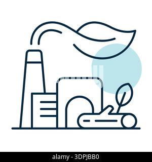 Minimalist outline factory icon with leaves and wood suitable for renewable biomass energy and sustainable industry design Stock Vector