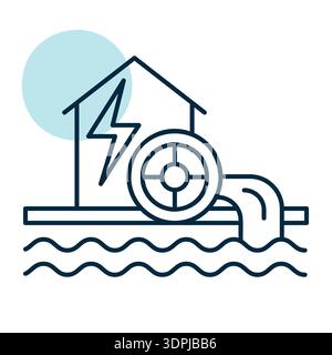 Minimalist outline icon of a small hydroelectric power station with a water turbine and a house suitable for eco energy and sustainable technology des Stock Vector