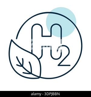Minimalist outline H2 symbol with leaf suitable for green energy and renewable fuel technology design concepts Stock Vector