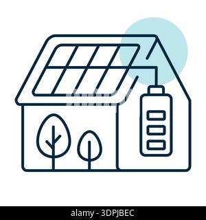 Minimalist outline eco-friendly home icon with solar roof and energy storage suitable for renewable energy and smart house design concepts Stock Vector