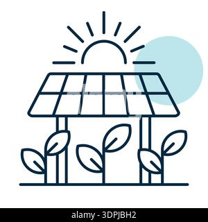 Minimalist outline agrivoltaics icon with solar panel and plants suitable for sustainable agriculture and renewable energy design concepts Stock Vector
